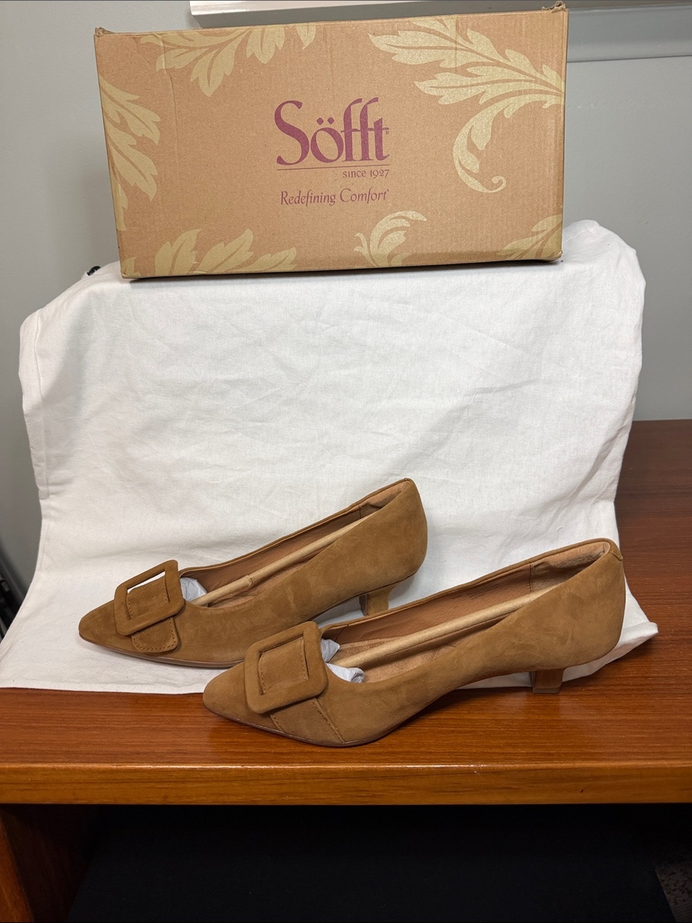 Sofft Tan Suede Kitten Heel Pumps with Buckle